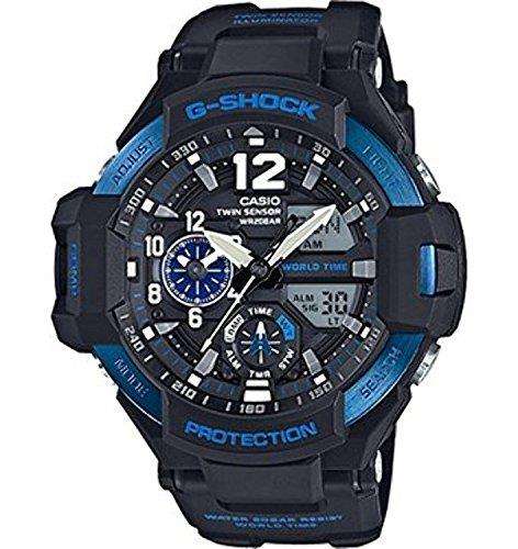Black G-Shock sport watch with blue bezel, dual analog hands and digital display