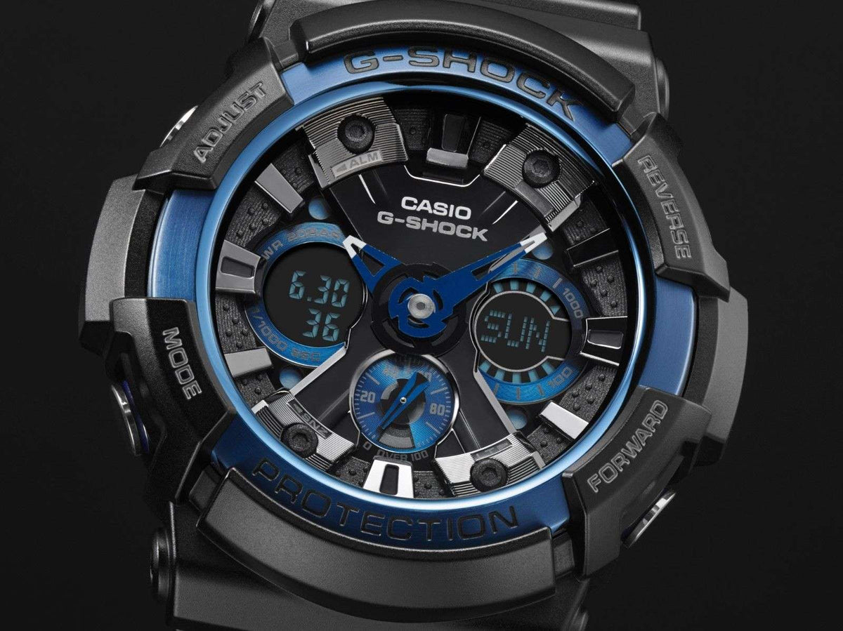 Casio G-Shock men’s analog-digital watch with blue and black dial, rugged black strap
