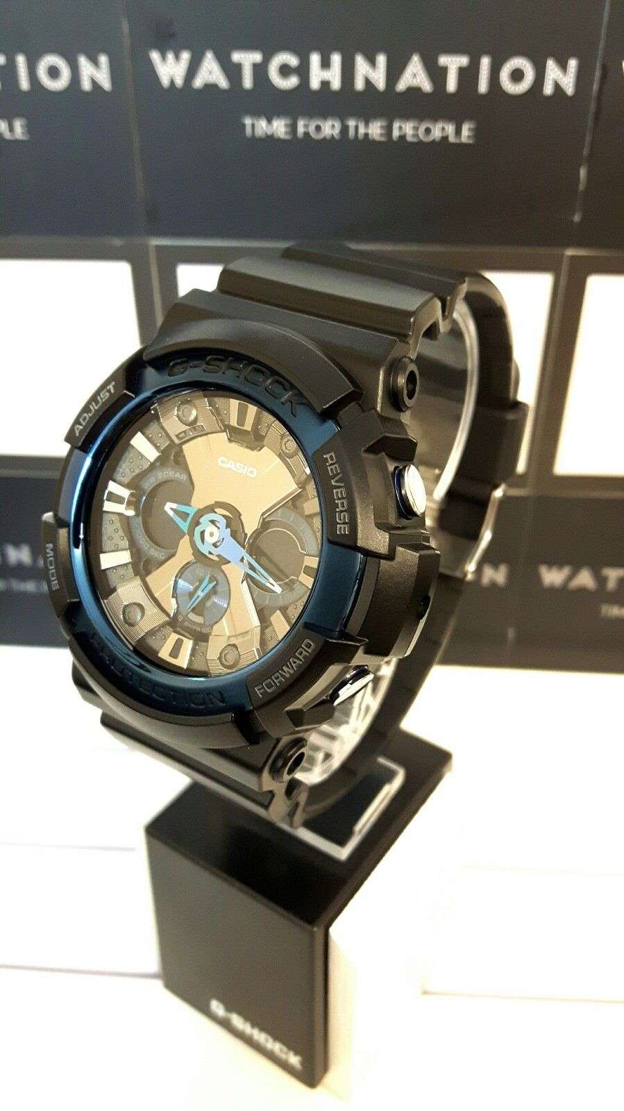 Casio G-Shock men’s watch angled view with blue inner ring and transparent-style dial