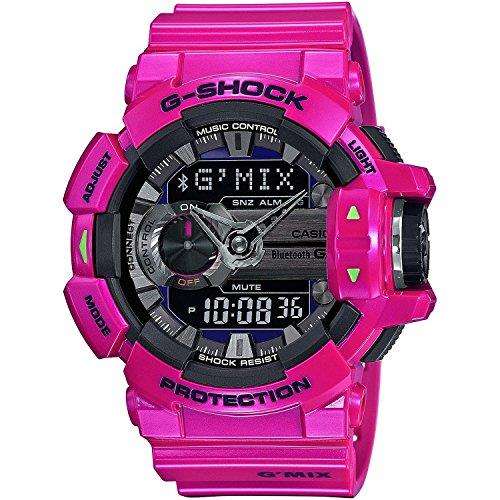 Pink G-Shock Bluetooth smartwatch with resin strap, digital display, and chronograph-style dial
