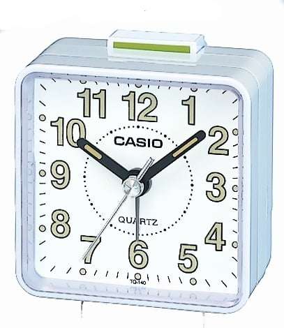 Casio analog alarm clock, white case with large Arabic dial and two hands