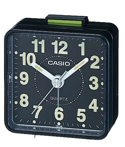 Black Casio alarm clock with analog face, white hour marks, green top display