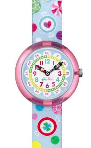 Flik Flak kids' watch close-up: pink bezel, colorful dial numbers, fabric strap