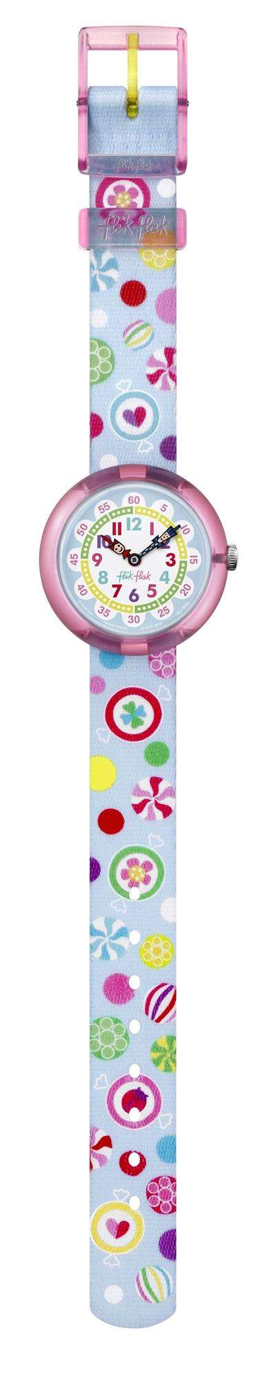 Flik Flak kids' watch with pink patterned strap and round light-blue face