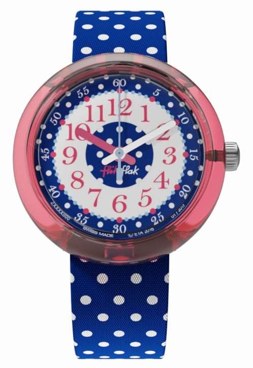 Kids' blue polka-dot fabric strap watch, round blue dial with pink bezel and white numerals