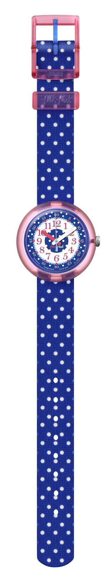 Kids' blue polka-dot fabric strap watch, full-length view with blue face and pink rim