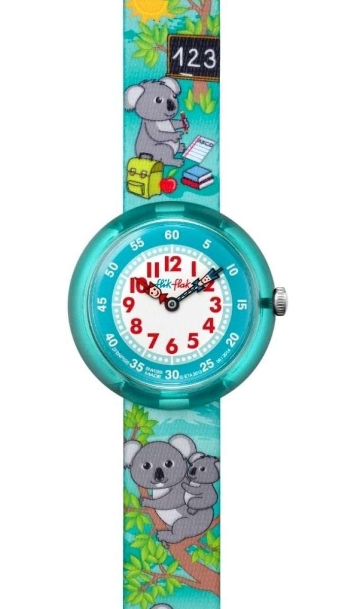 Kids koala theme wristwatch with teal round dial, red numbers, and blue fabric strap
