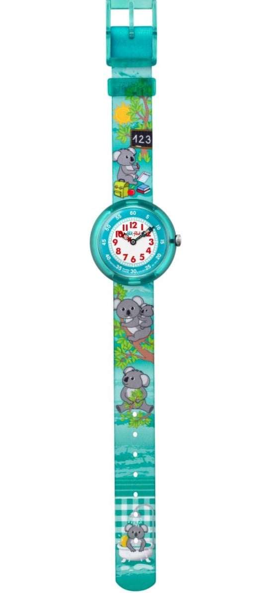 Kids koala print wristwatch with teal dial and blue fabric strap, top view with clasp