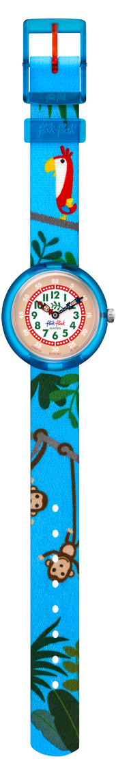 Kids' monkey watch with blue fabric strap, red bezel, round blue face in green plastic case