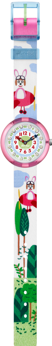 Kids textile-strap watch with pink bezel; white strap with dog and leaf pattern