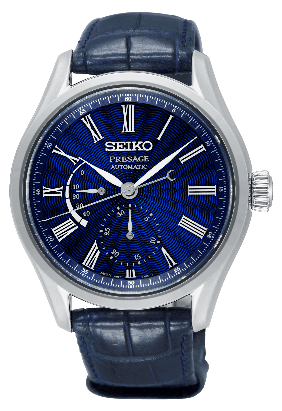Seiko Presage automatic men’s watch, blue dial with Roman numerals, stainless case, leather strap