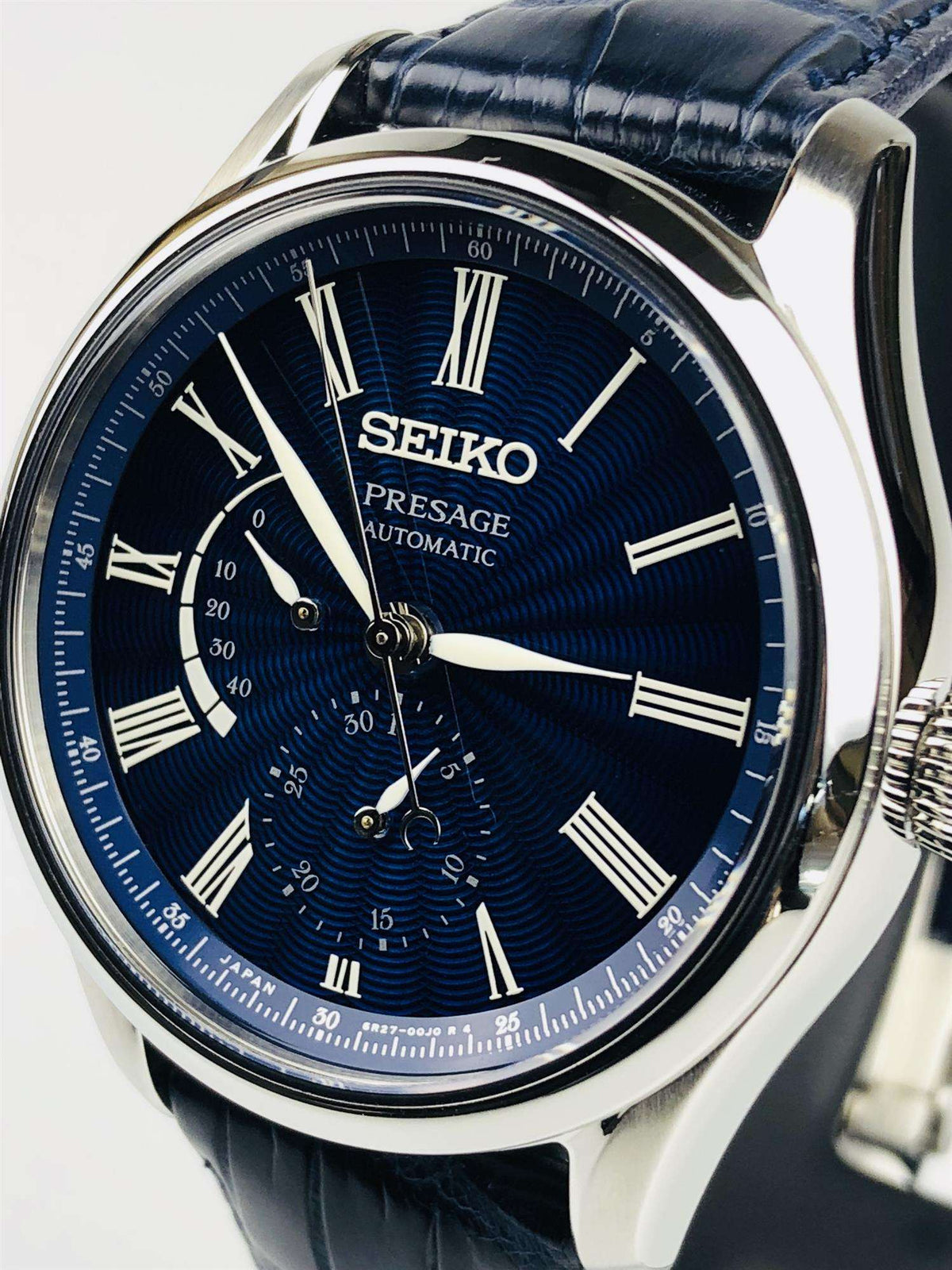 Seiko Presage automatic men’s watch, blue dial with Roman numerals and subdials, leather strap