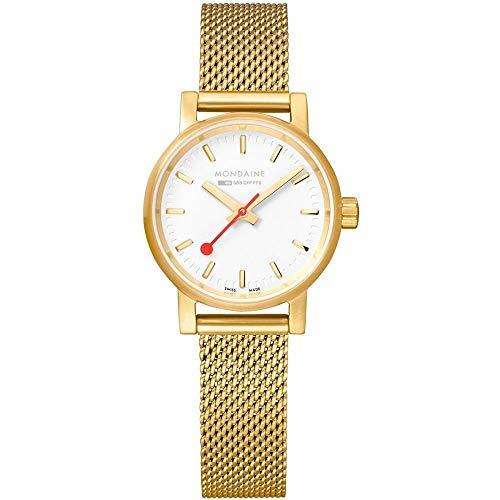 Petite gold plated ladies watch with white dial and gold mesh bracelet, analog time display