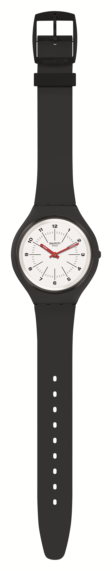 Black silicone strap wristwatch side view, white dial with red seconds hand