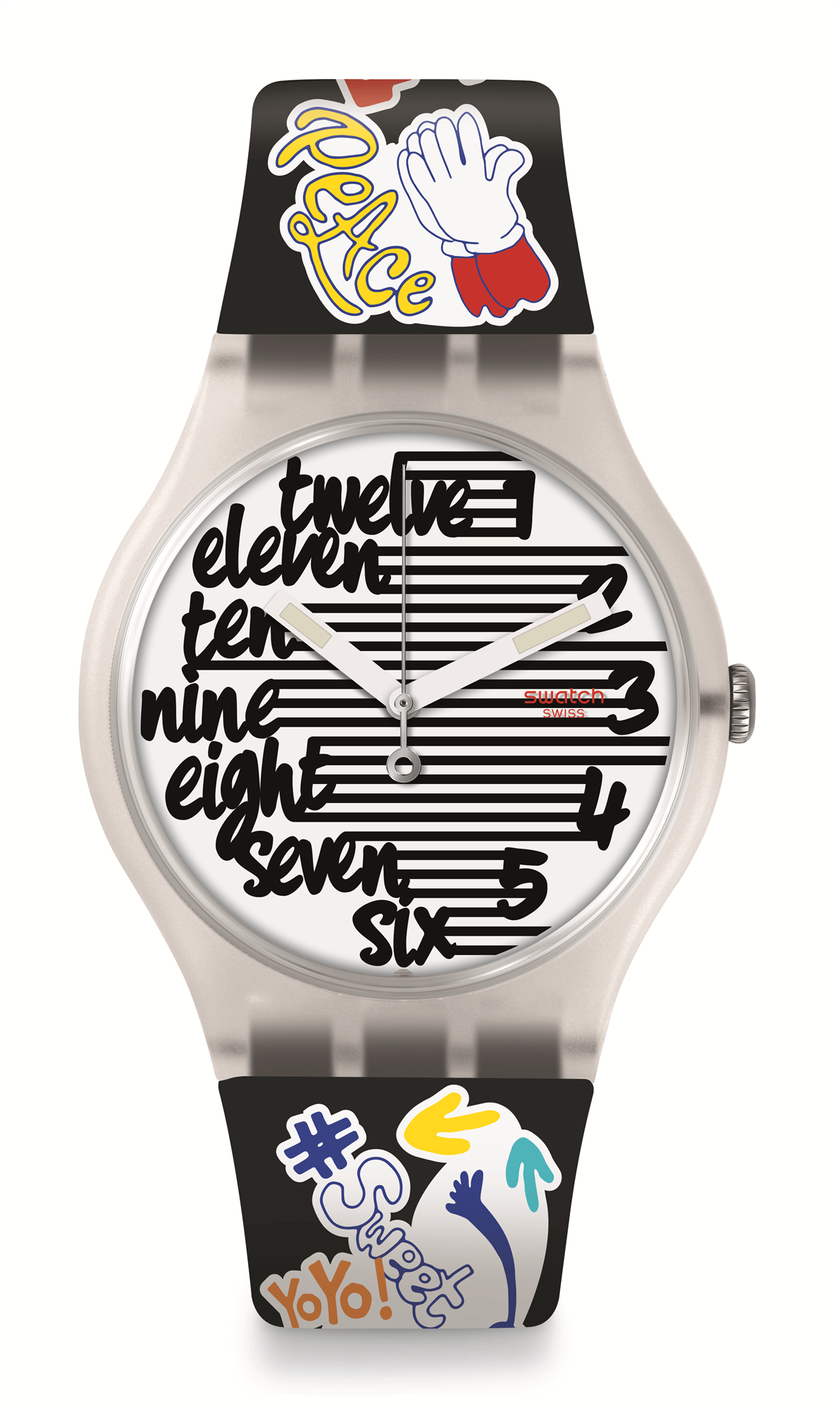 White dial watch with black silicone strap and clear plastic case, graphic ice hands
