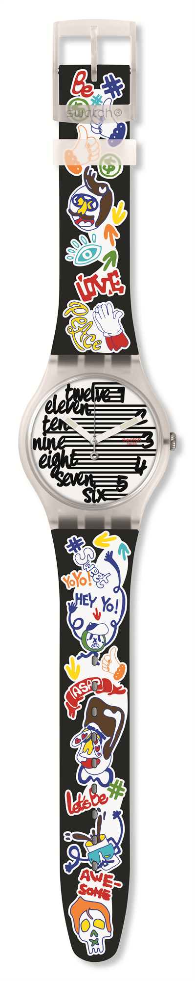 White dial watch with long black silicone strap, small colorful character print, plastic case
