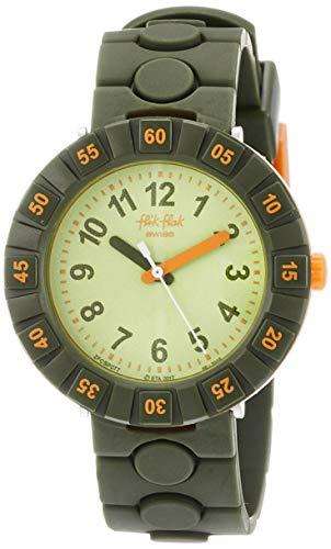 Flik Flak boys kids green plastic watch with round dial, color hour markers, orange hands