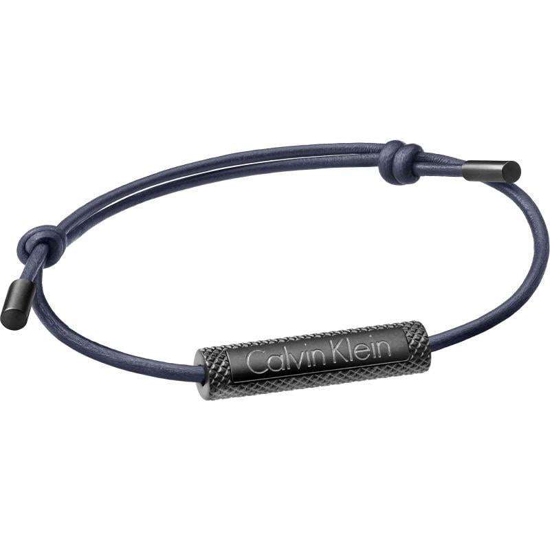 Men's blue leather tube bracelet with Calvin Klein engraved metal tag and knot closure