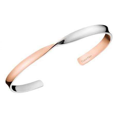 Rose gold and silver slim twist bangle with open ends and engraved logo on front