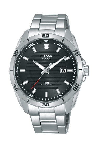 Men's Pulsar analog wristwatch with black dial and silver stainless steel bracelet