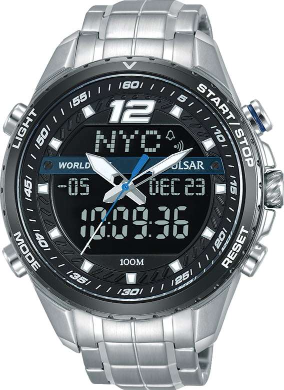 Men's stainless steel strap watch with black digital dial and rotating bezel