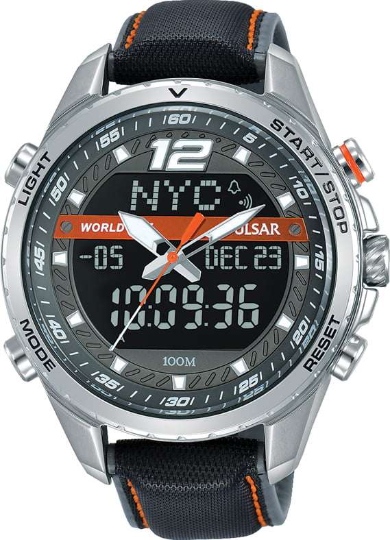 Men's stainless steel watch with black strap and orange accents, digital display
