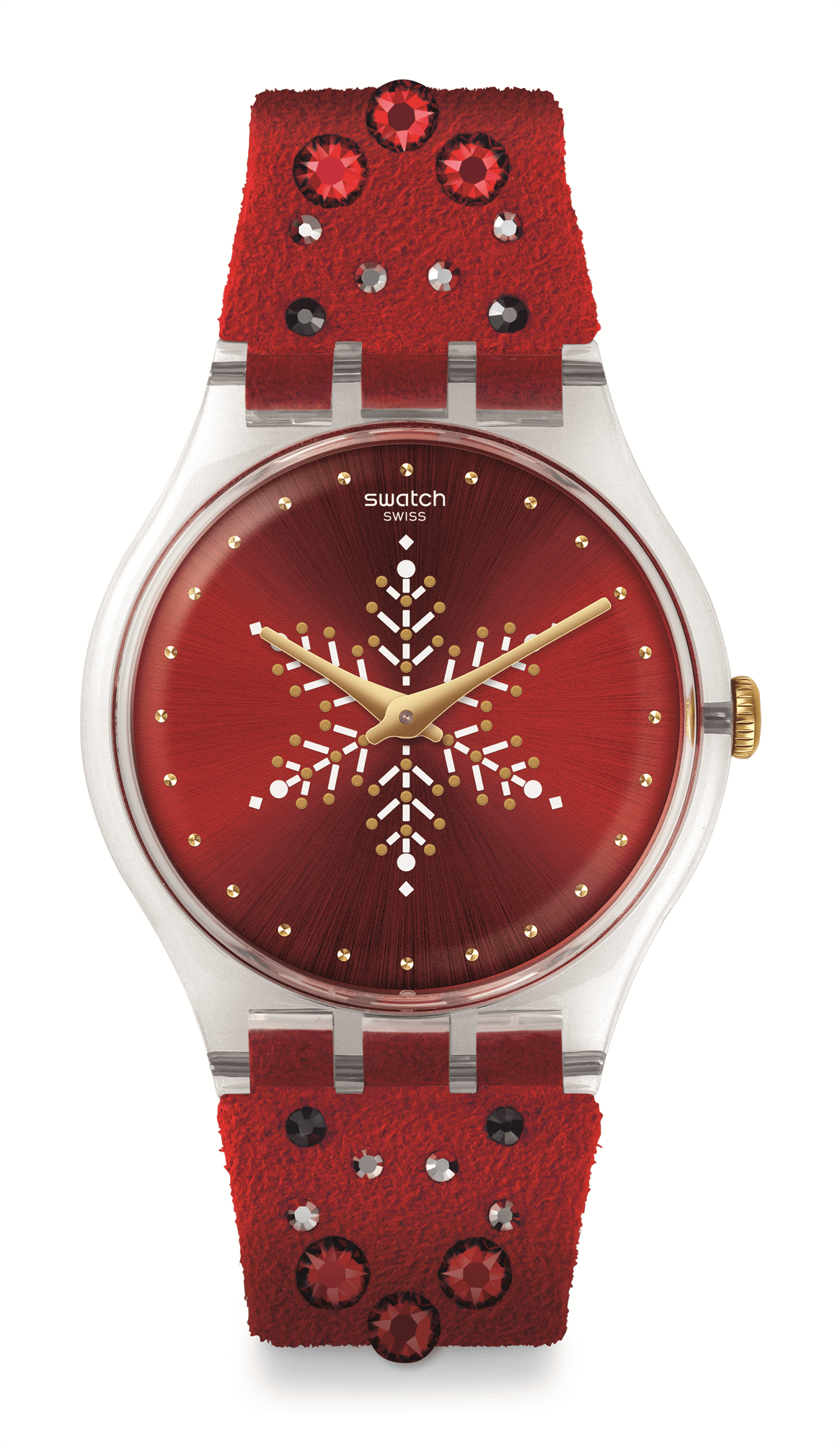 Swatch unisex Christmas wristwatch with red fabric strap and red snowflake dial