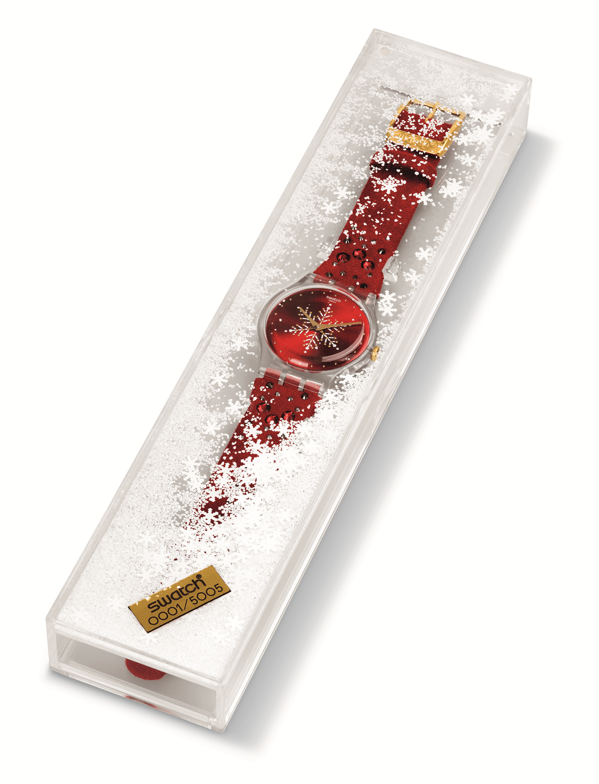 Swatch unisex Christmas wristwatch in clear case, red strap and red holiday dial