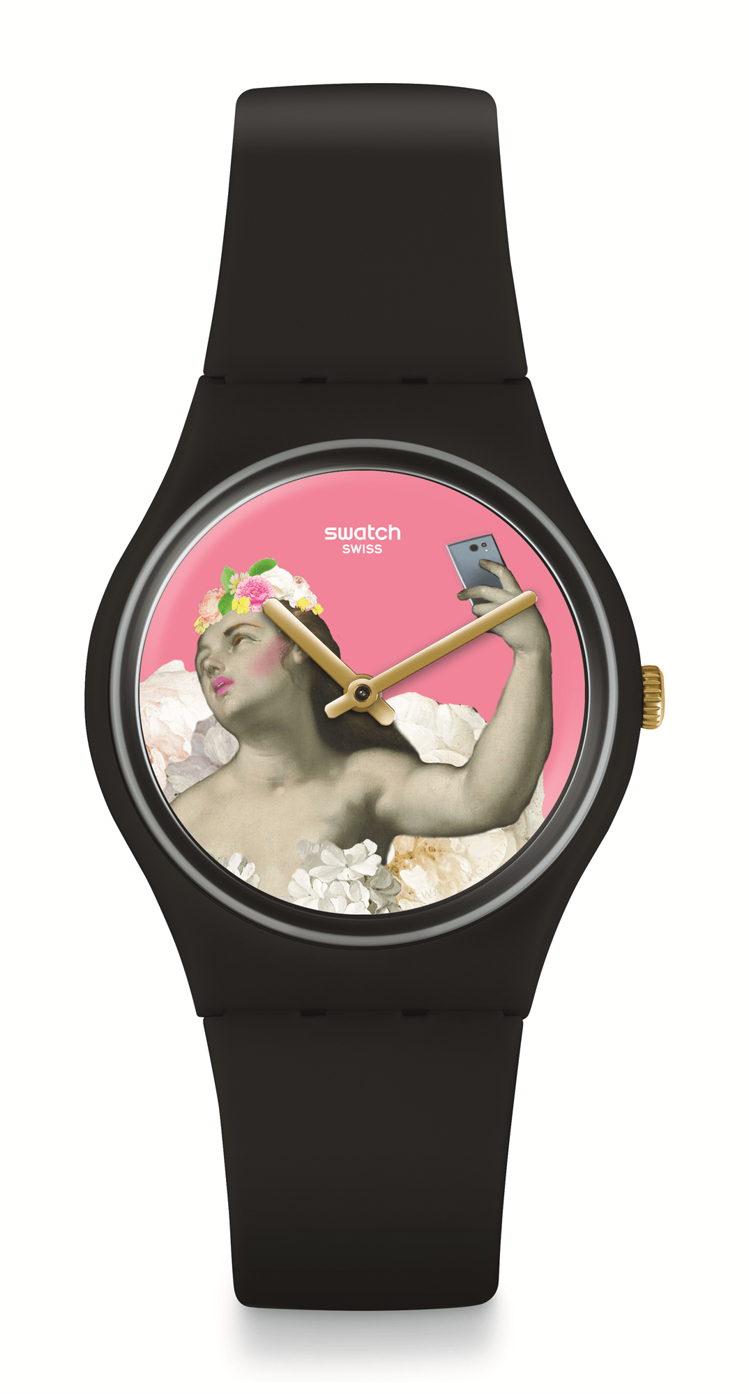 Black silicone strap watch with pink dial featuring illustrated portrait and gold hands