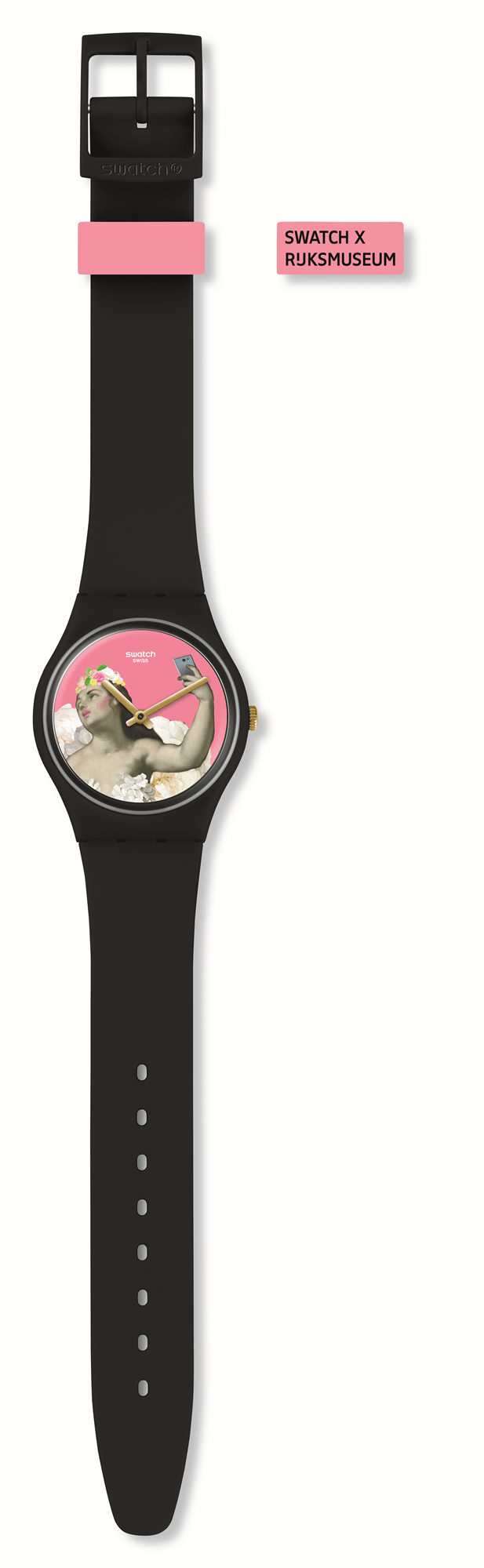 Black silicone strap wristwatch with pink graphic dial and numbered holes on strap