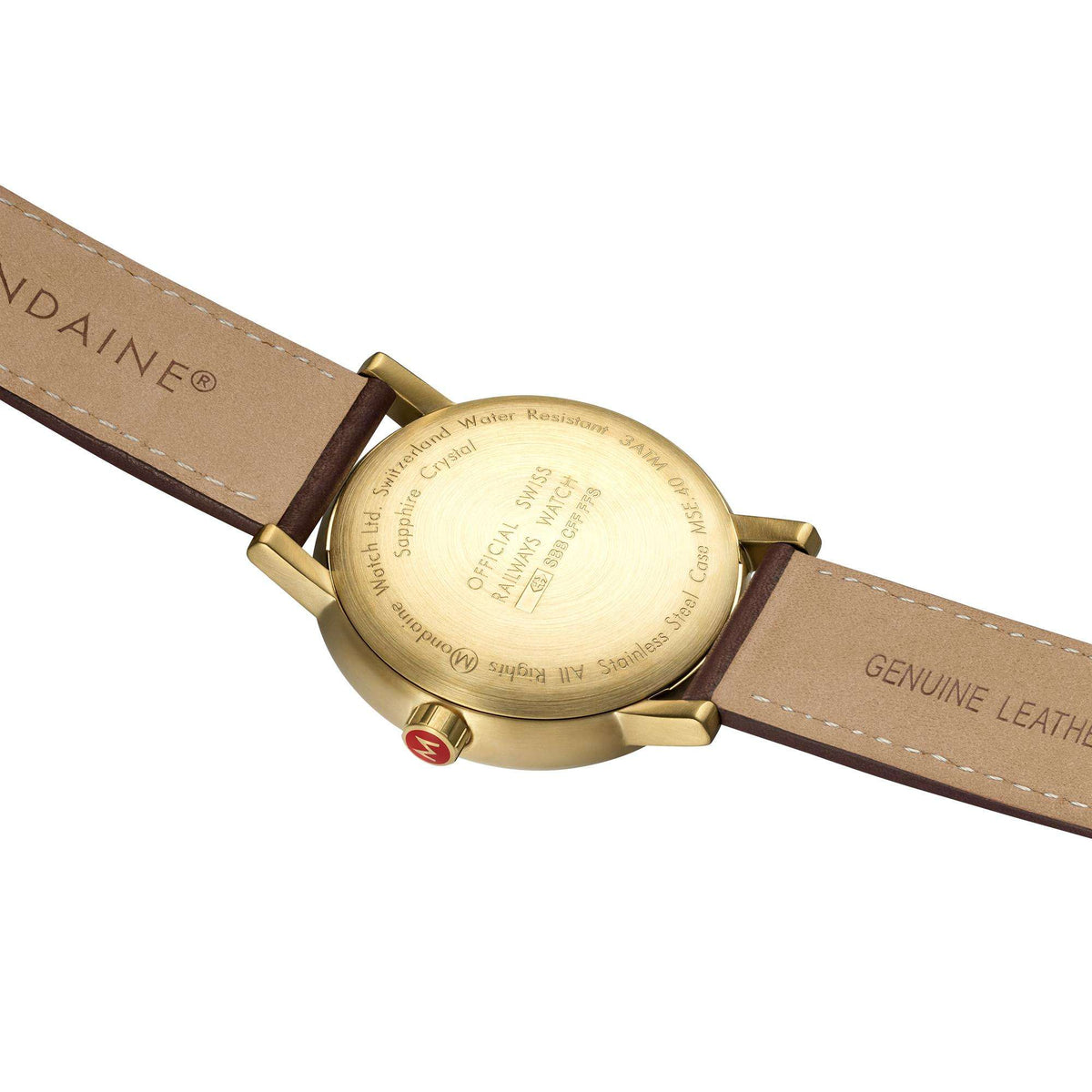 Brown leather strap watch case back, gold-tone metal with engraved markings