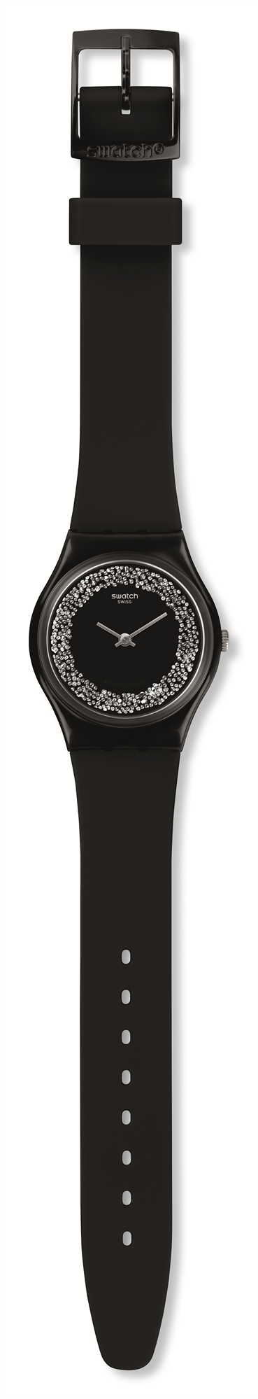 Ladies black round dial watch with crystal bezel and black strap, buckle closure
