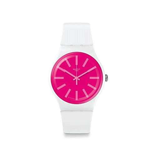 Ladies watch, hot pink dial, white silicone strap, round 41mm case