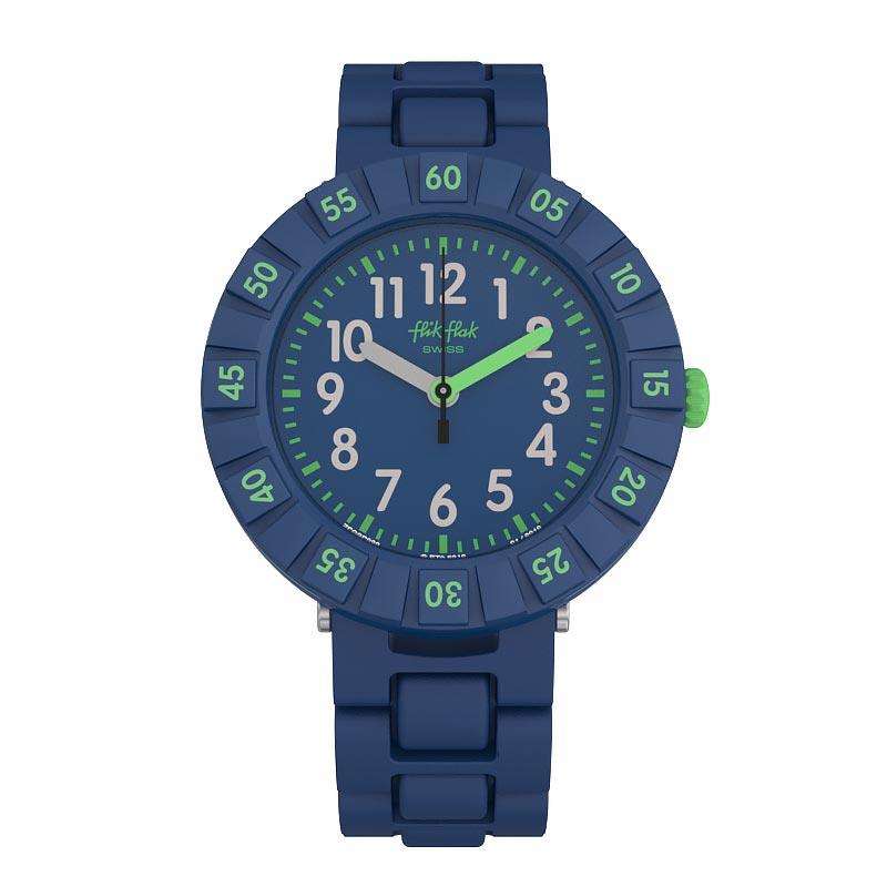 Flik Flak Solo kids watch with dark blue strap, round blue dial, green markers.
