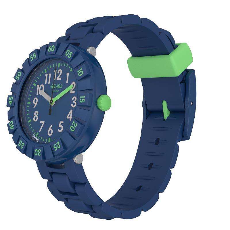 Flik Flak Solo kids watch, dark blue strap with green accents and blue round dial.