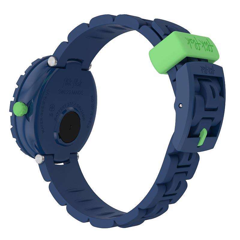 Flik Flak Solo kids watch back view with dark blue case, green pushers, dark blue strap.