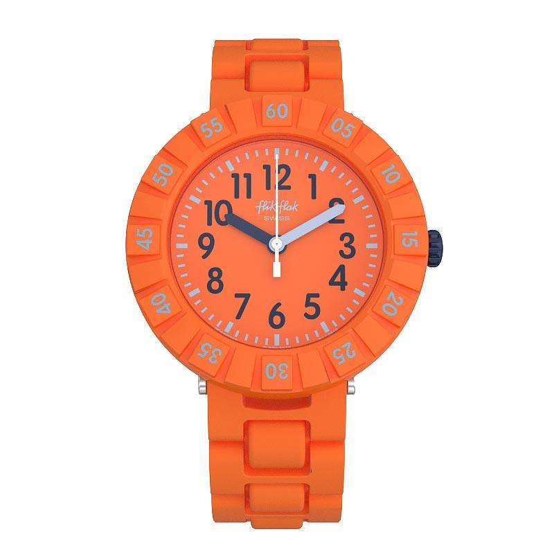 Orange kids' wristwatch with round face and silicone strap, blue accents