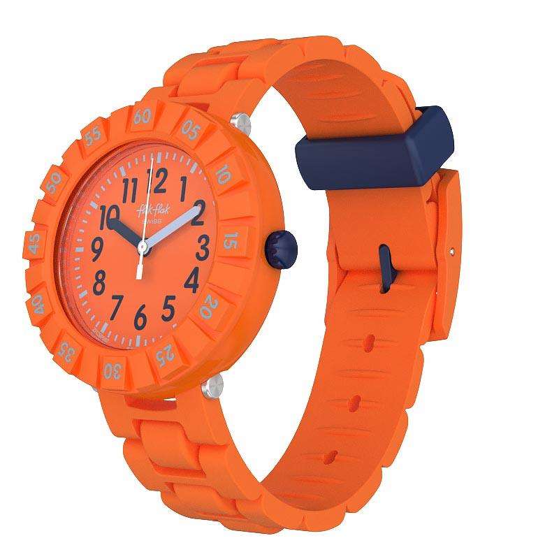 Orange kids' wristwatch with round dial, silicone strap and blue buckle