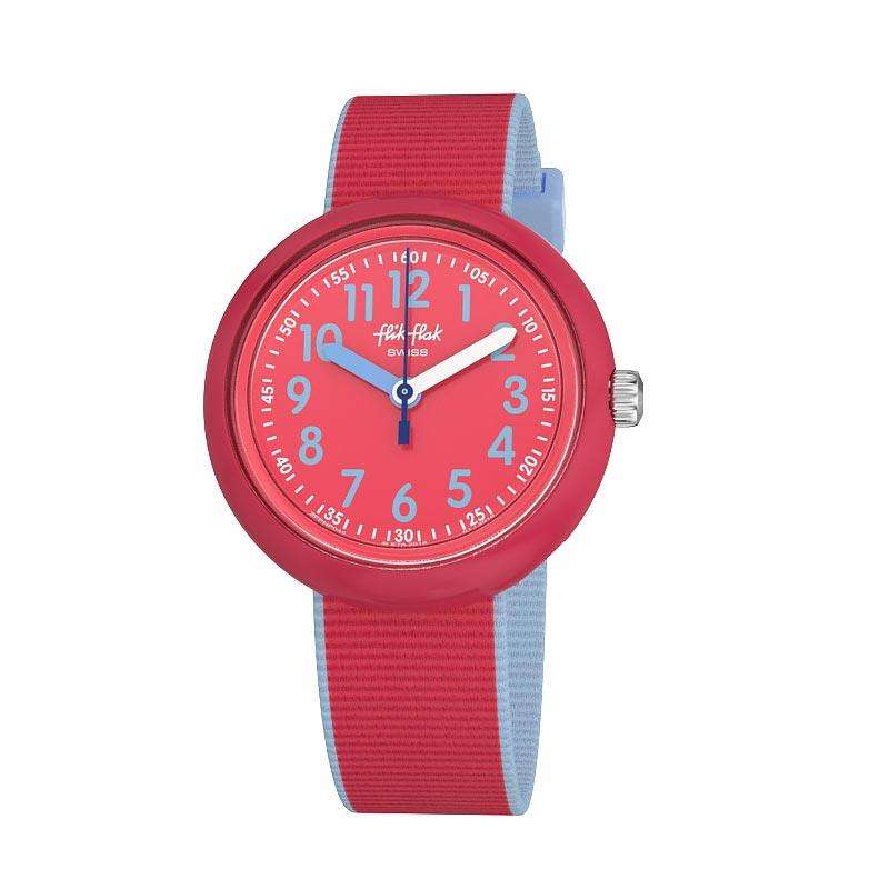 Flik Flak kids watch with red dial and red fabric strap with blue accents
