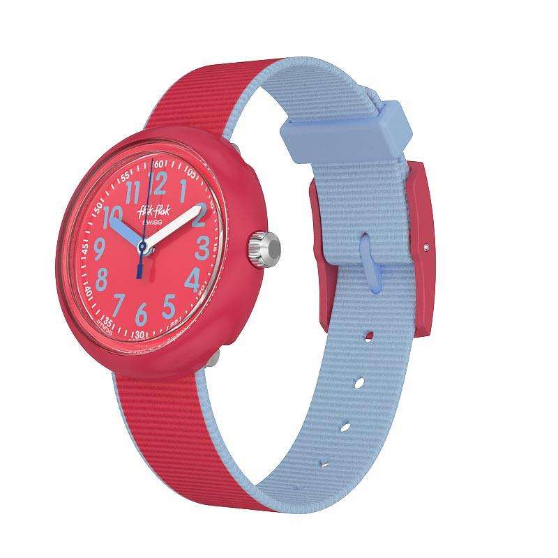 Flik Flak kids watch angled view with red round case and blue fabric strap