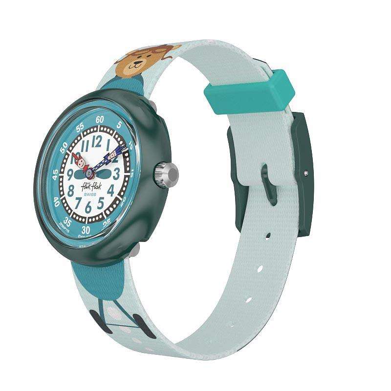 Flik Flak kids' watch with teal strap and bear graphic dial