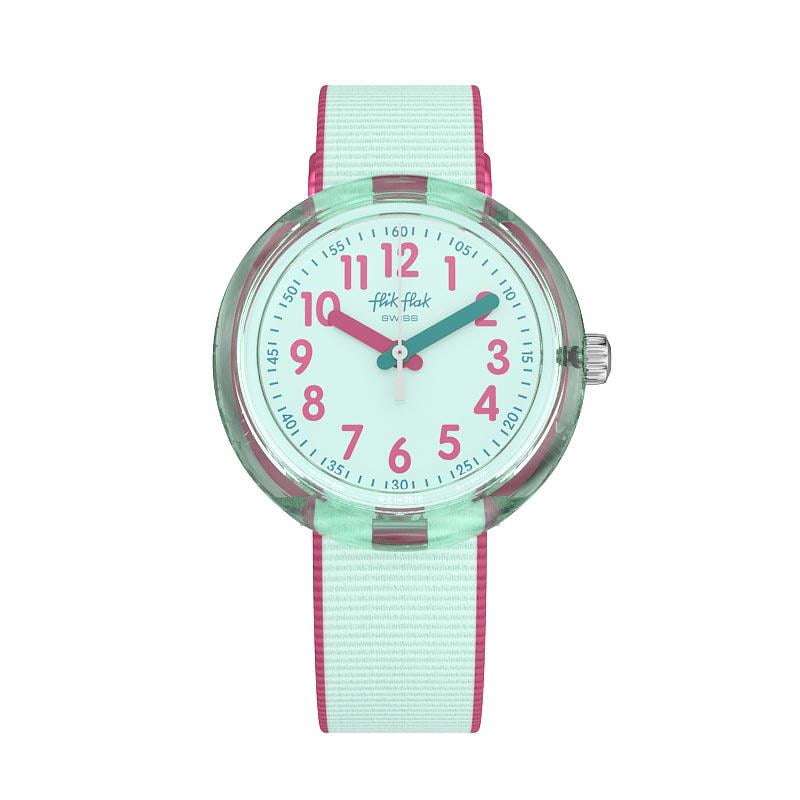 Kids turquoise dial strap watch with pink accents and clear round case