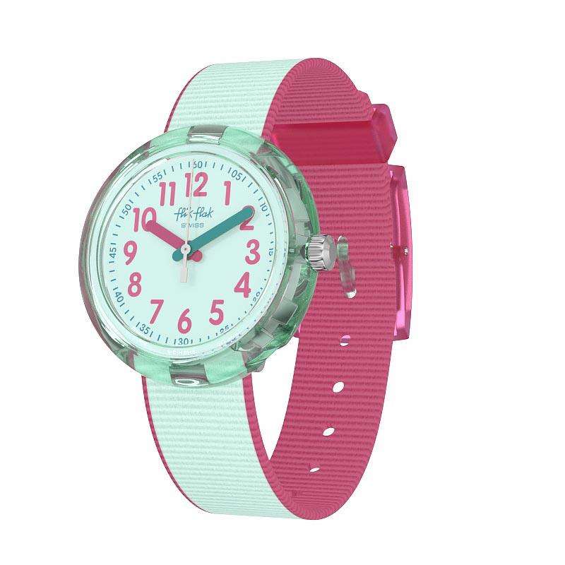 Kids watch with clear round face, turquoise strap, and pink back band