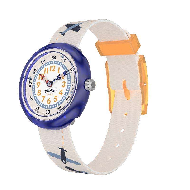Kid's analog watch side view with blue case, airplane print strap, and orange buckle