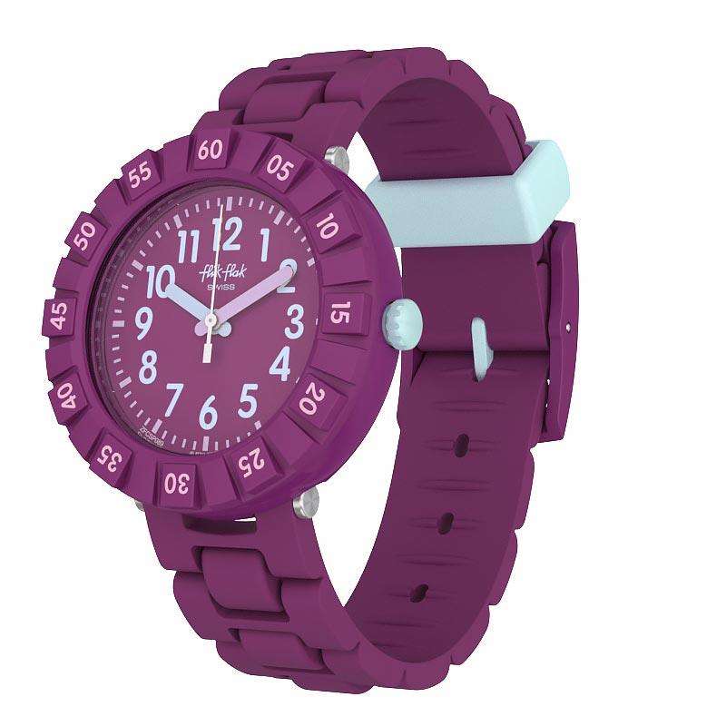 Flik Flak kids watch angled view: purple silicone strap, purple dial, light blue accents