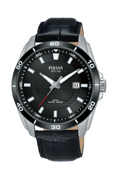 Men's stainless steel wristwatch with black leather strap, black dial, hour markers and date