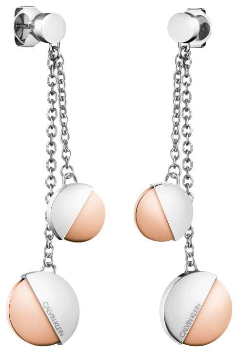 Calvin Klein stainless steel drop earrings with rose gold and silver circular discs