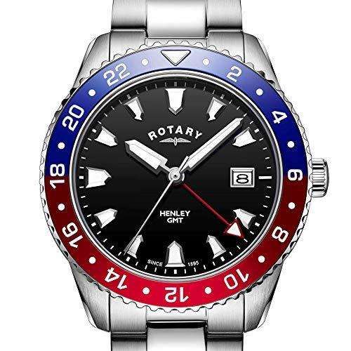 Men's GMT watch close-up: black dial with white hour markers and Pepsi blue/red bezel