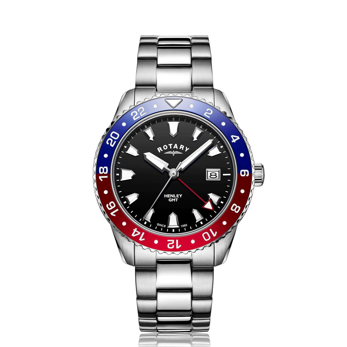 Men's stainless steel GMT watch with black dial, blue/red bezel and metal bracelet