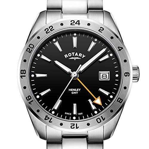 Men's Rotary GMT watch with black dial, silver hands, and date window